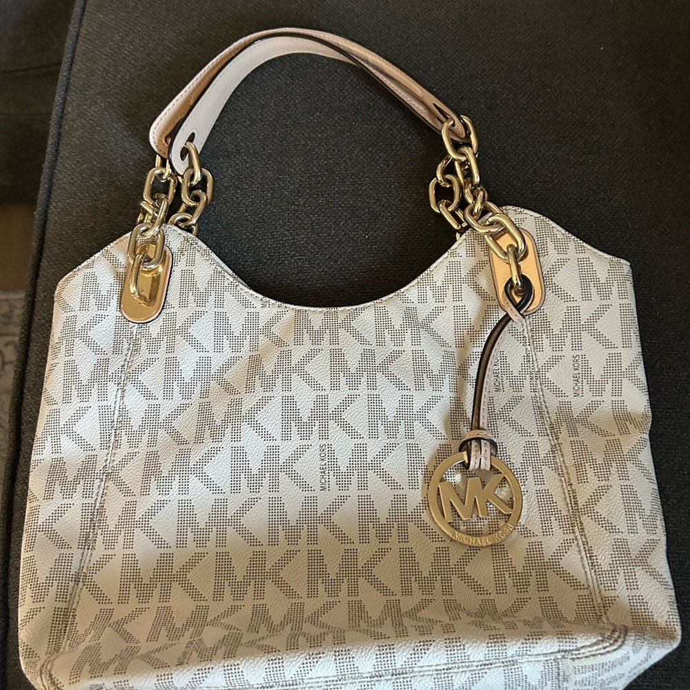 Michael Kors White and Gold Shoulder Bag with Signature MK Charm
